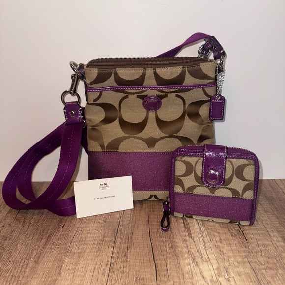 Coach Signature Crossbody Bag w/ Matching Wallet Brown Purple Trim Logo Jacquard - Picture 1 of 16